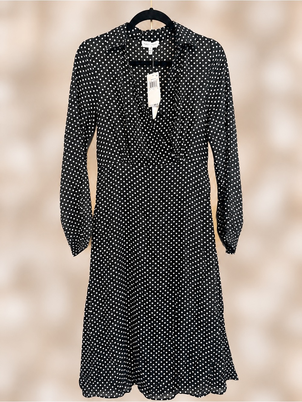 Koko + Mason Black White Polka Dot Long Sleeve Midi Dress Size L NWT